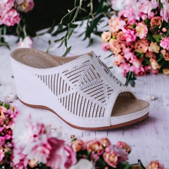 Italina White Rhinestone Stud Embellished Platform Wedge Heeled Mule Sandal - Picture 2 of 7